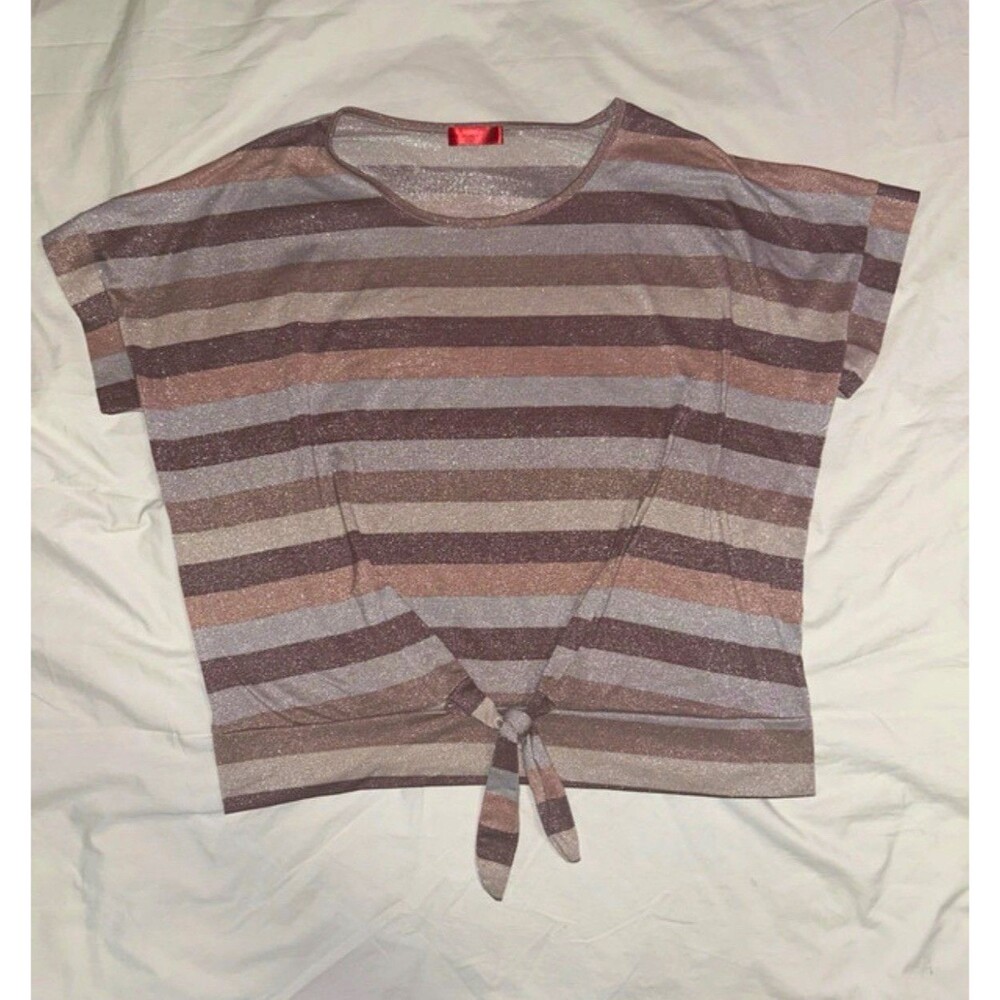 Love Scarlett XL Striped Glitter Knit Cropped Tie-Front Round Neck Tee